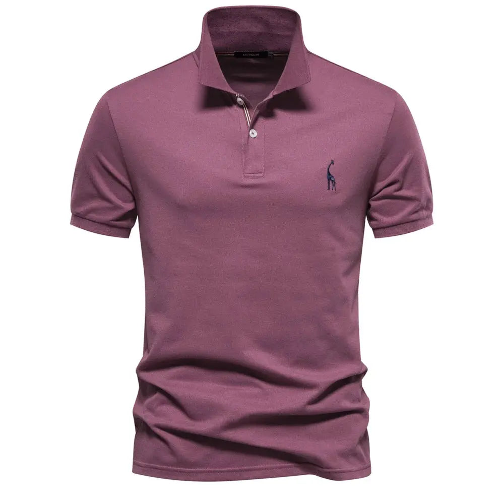 Men's mauve cotton polo shirt, short sleeves, two-button placket, left chest logo.