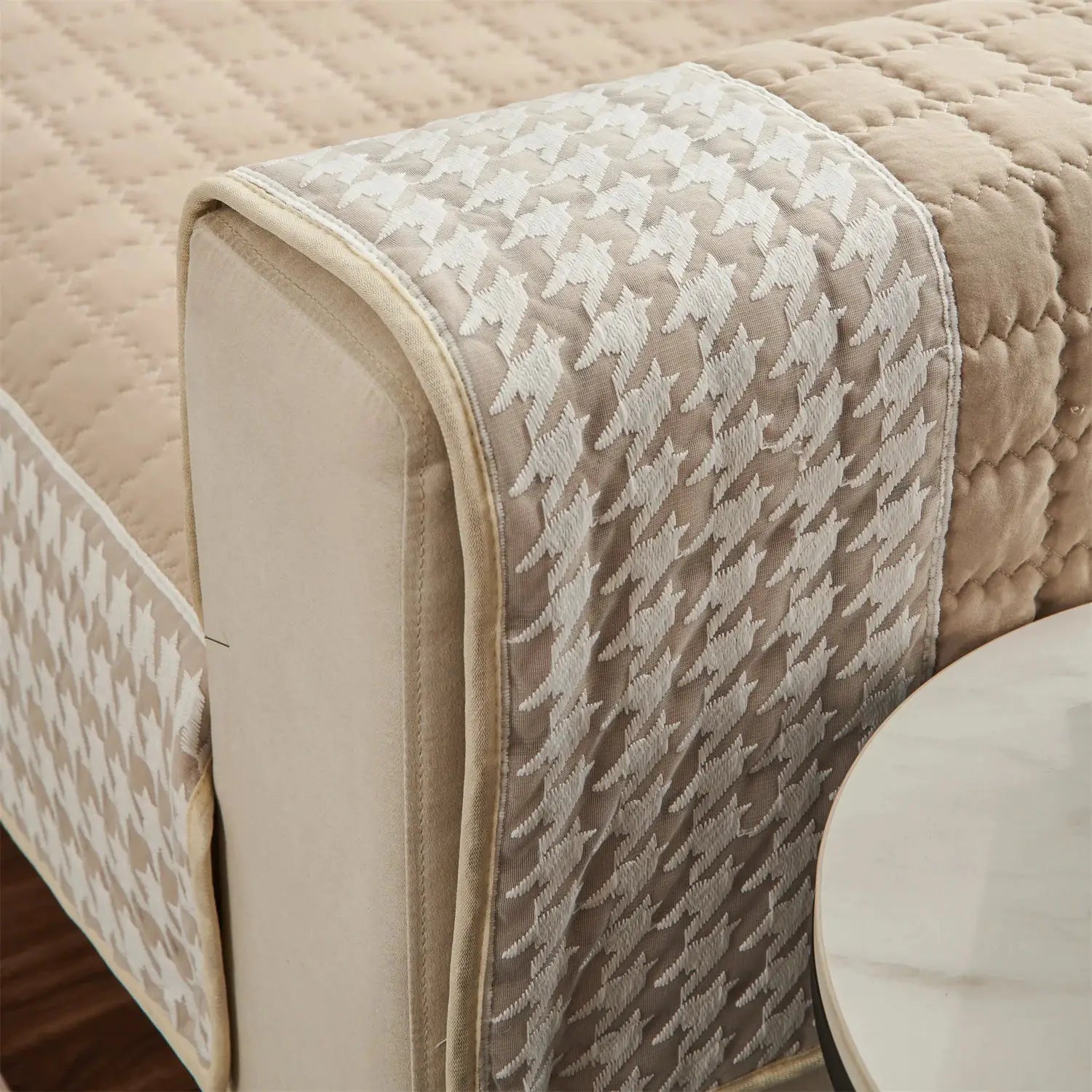 Sofa cushion cover beige houndstooth quilted slipcover with anti-slip backing