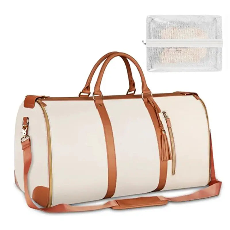 Duffel bag, cream PU leather with tan straps, large travel carry-on with shoulder strap and mesh pouch