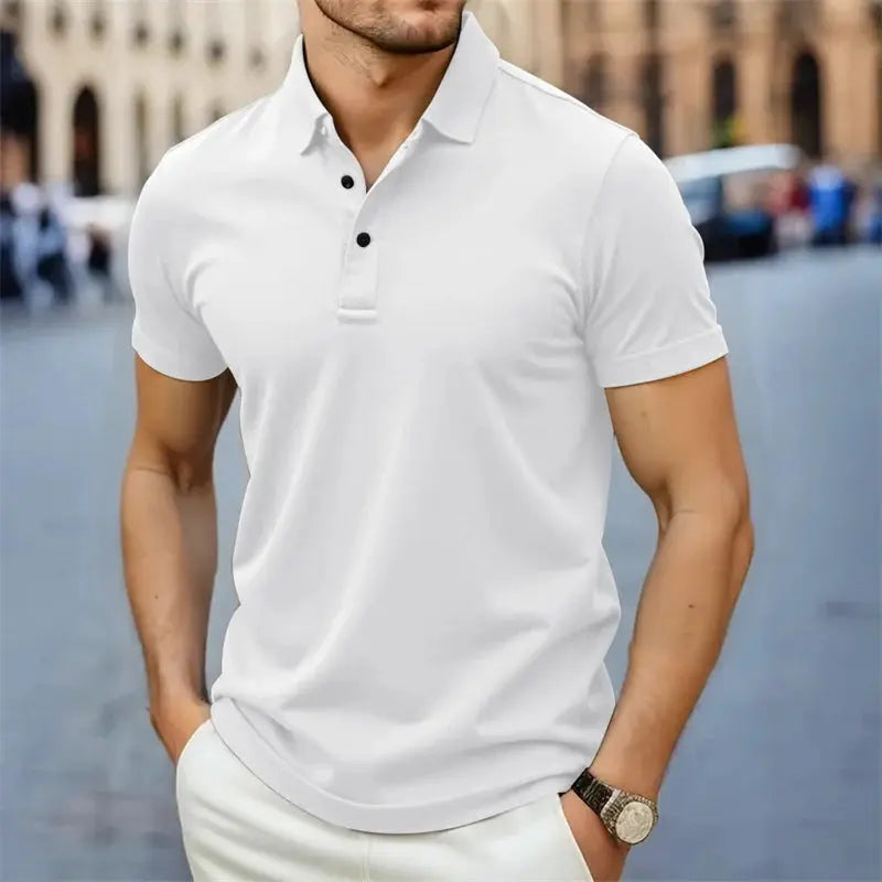 Men's white polo shirt with short sleeves and collar; casual breathable summer top