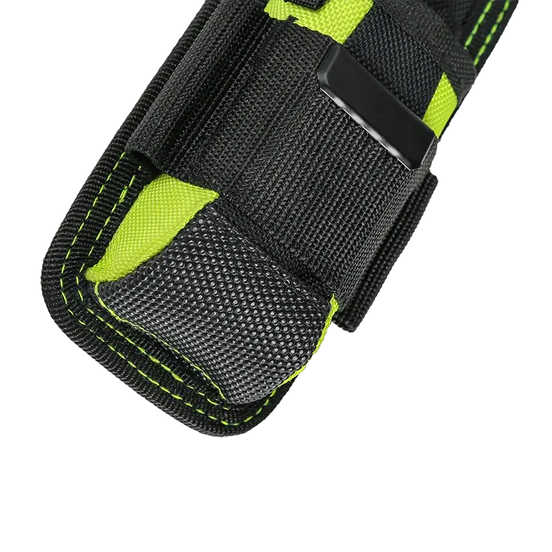Jakah small tool holder pouch with neon lime green accents and snap clip on black fabric