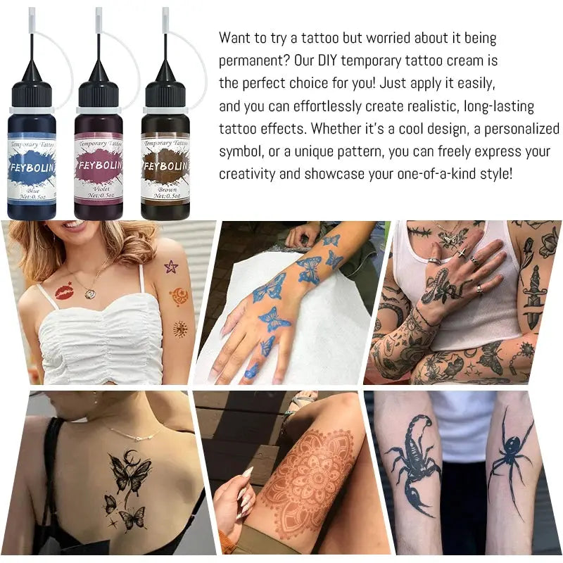 Long Lasting Temporary Tattoo Inks Kit With Three Tattoo Stickers Freehand Painting Gel For Face And Body