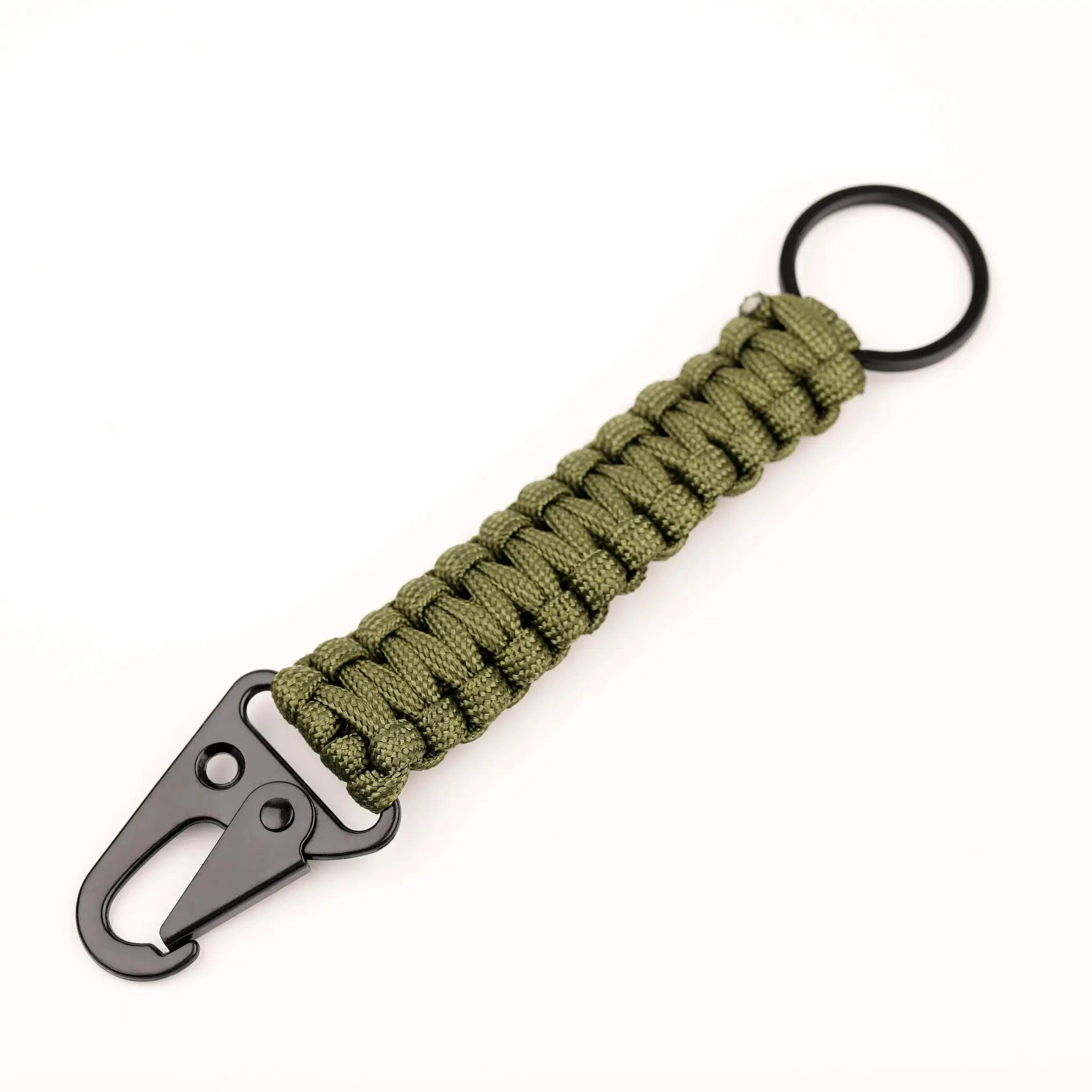 Paracord keychain with olive-green braided cord and black metal carabiner bottle opener