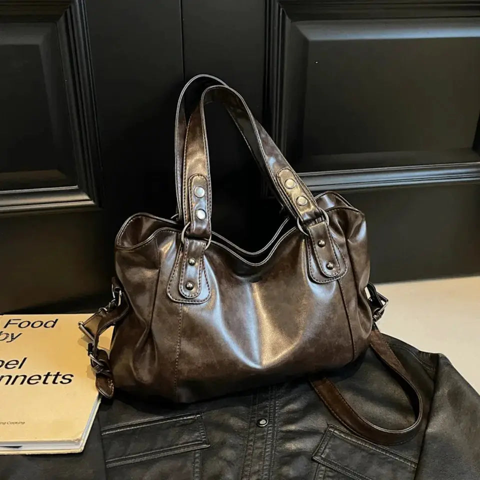 Roomy brown PU leather shoulder bag with double handles and large capacity