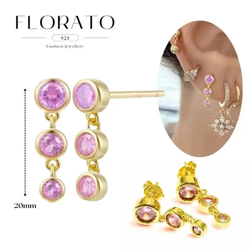 Ear needle hoop earrings, Florato gold-tone with pink zircon stones, 20mm length