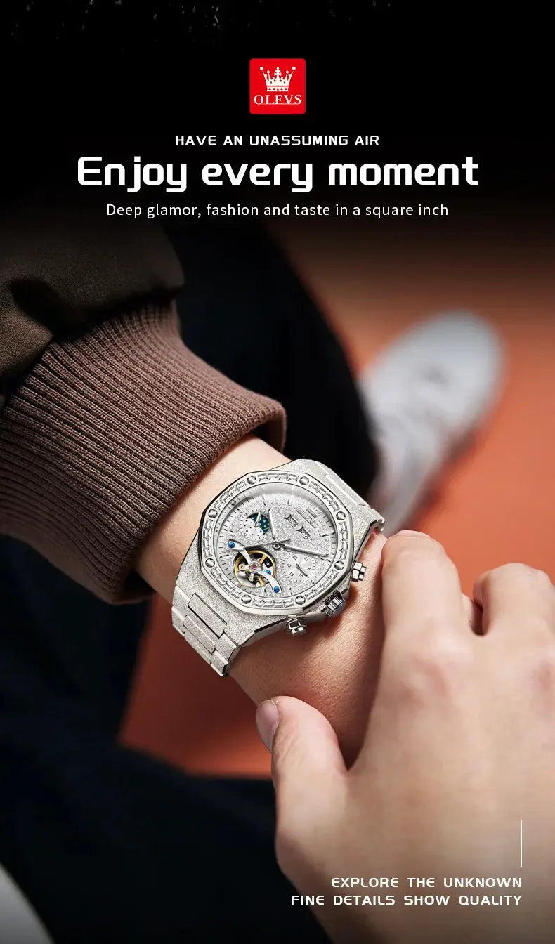 OLEVS stainless steel men's wristwatch with skeleton tourbillon