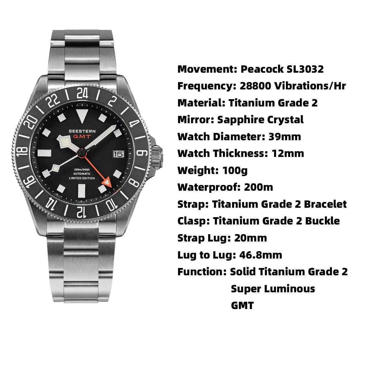 SEESTERN Diver GMT watch by Simples Market; titanium Grade 2, black dial, sapphire crystal, 200m water resistant