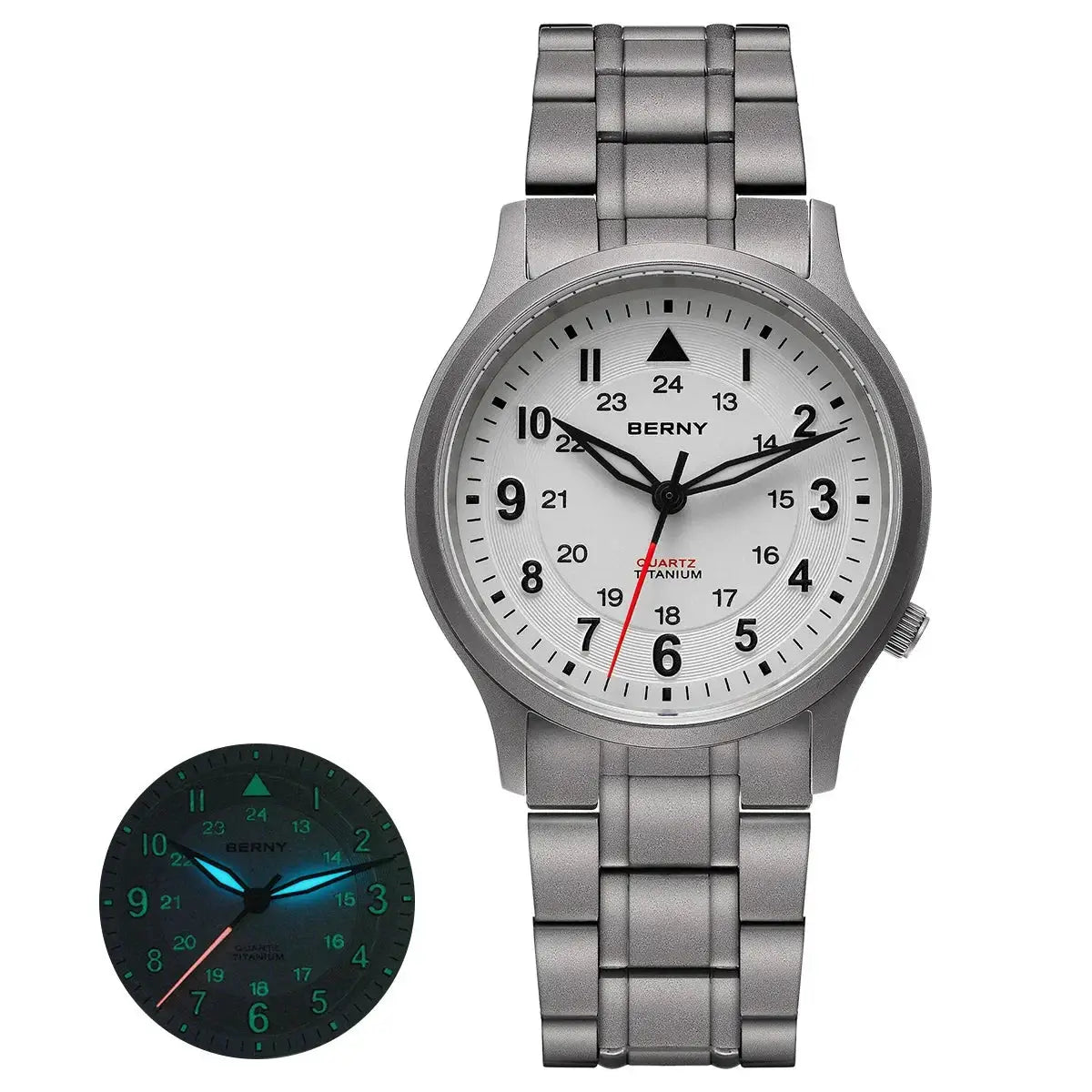 BERNY titanium men's watch with metal bracelet, white dial, easy-to-read numerals and luminous hands.