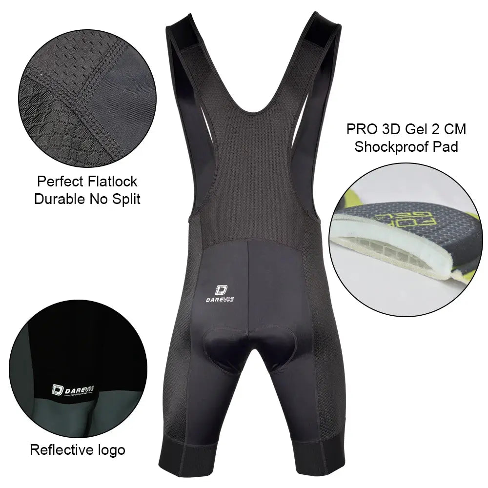 DAREVIE cycling bib shorts, black breathable fabric with 3D gel pad, 7cm leg grippers and reflective logo