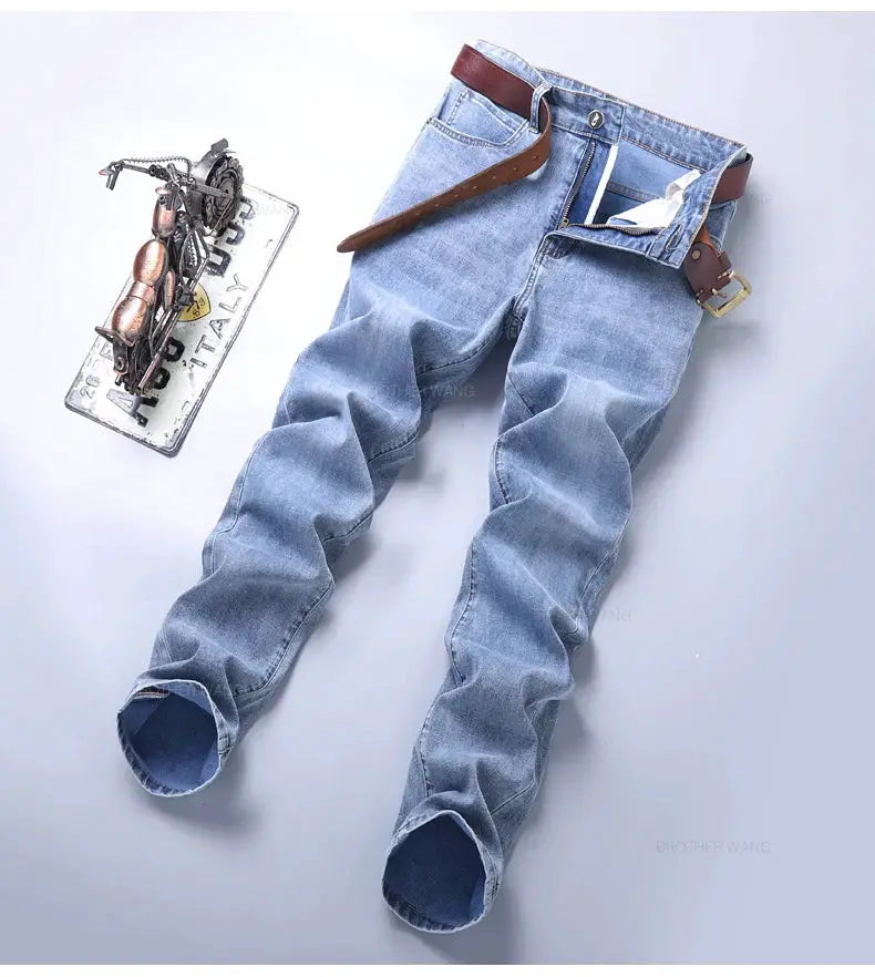 Spring Men's light blue slim jeans by Simples Market, casual stretch denim pants