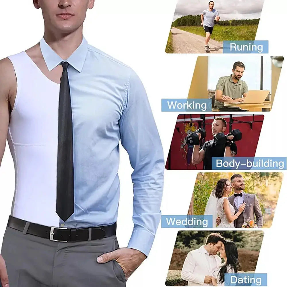 2-pack men's high-compression tummy-control body shaper tops by Simples Market; blue/white split-tone with round neck