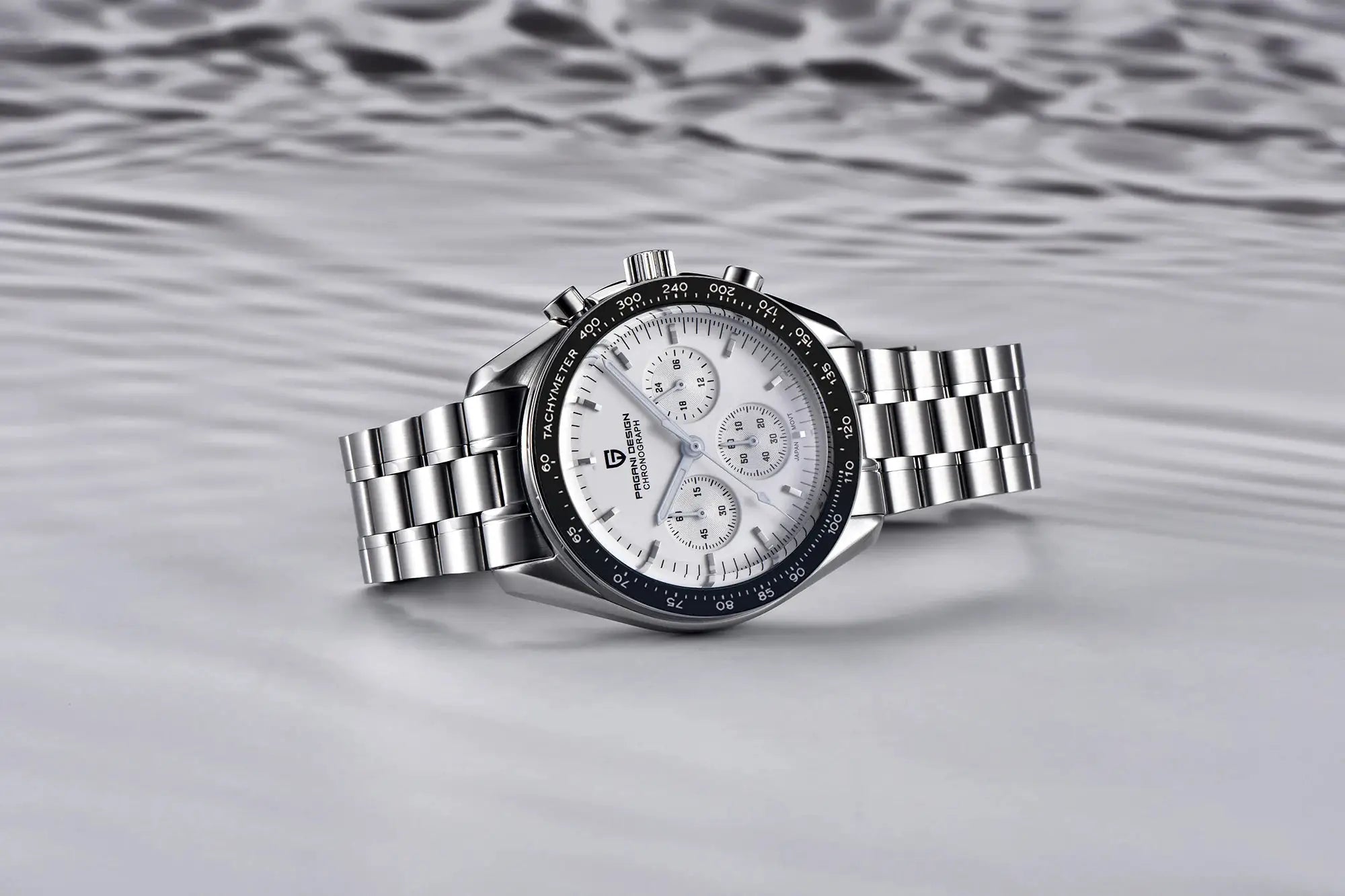 Pagani Design men's chronograph watch with stainless steel bracelet, white dial and black tachymeter bezel