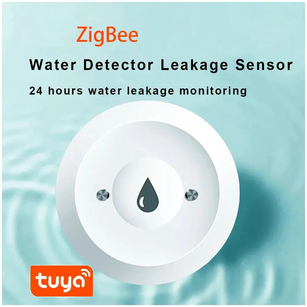 Tuya ZigBee water leak detector; white circular sensor with water drop icon and Tuya logo