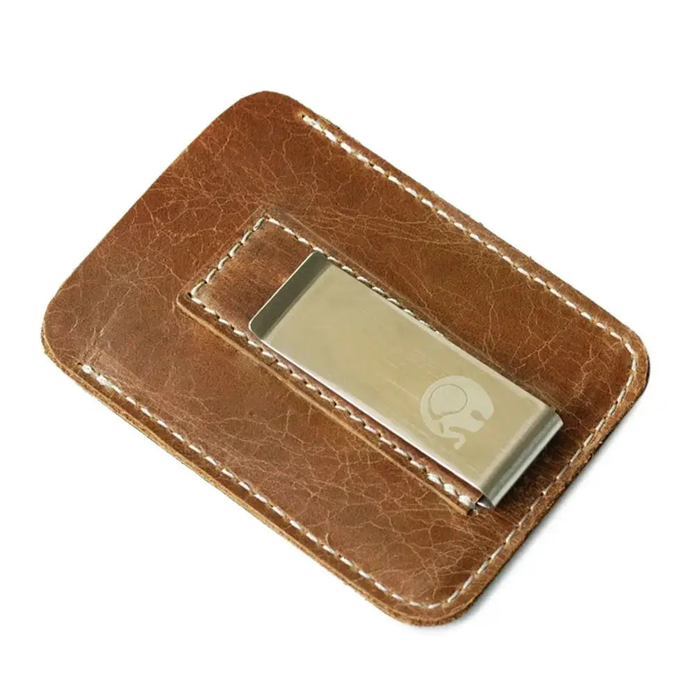 Men's brown leather money clip wallet with metal clip by Simples Market.