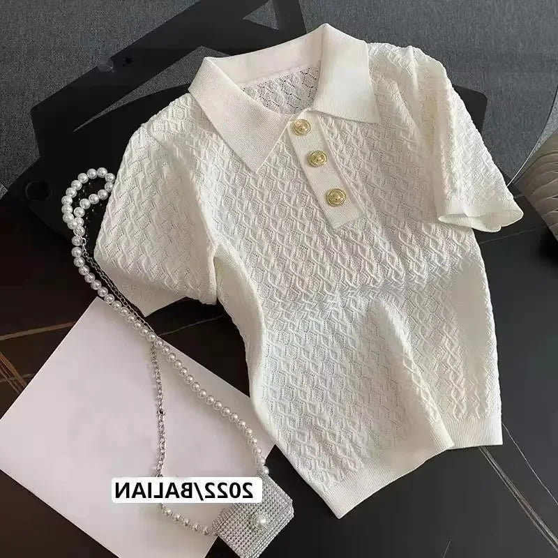 Ice Silk Polo Shirt Women Knitted Short Sleeve Jacquard Top Breathable