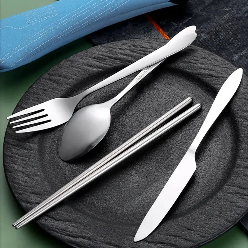 Portable Stainless Steel Cutlery Set 4 Pieces Knife Fork Spoon Chopsticks For School Travel Camping And Work