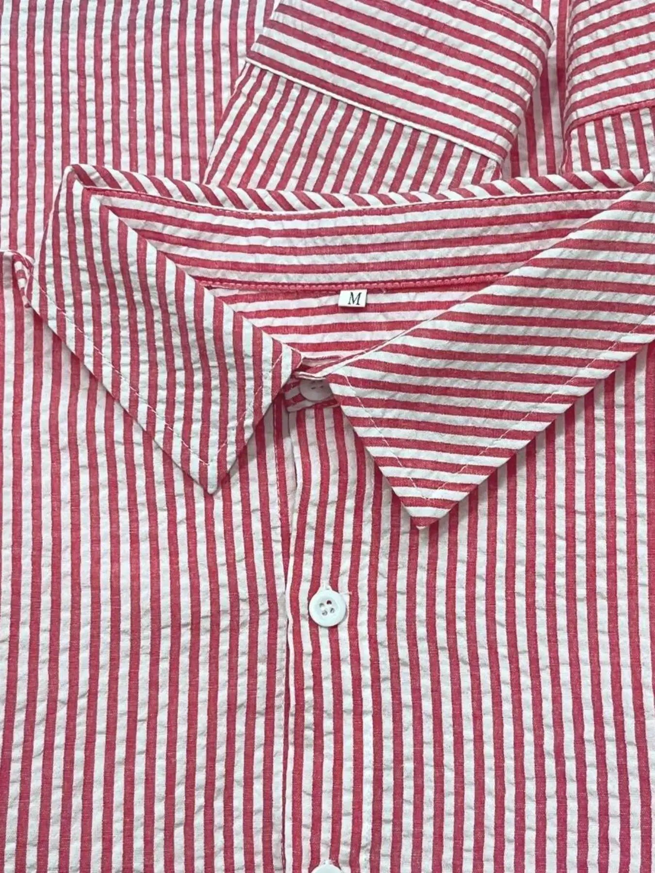 Men's red and white striped long-sleeve shirt, button-front, loose fit; size M tag visible.