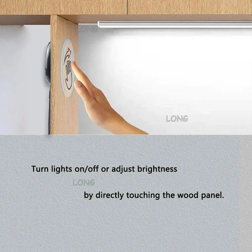 Touch dimming switch on wooden cabinet panel with hidden sensor for wardrobe LED lighting by Simples Market