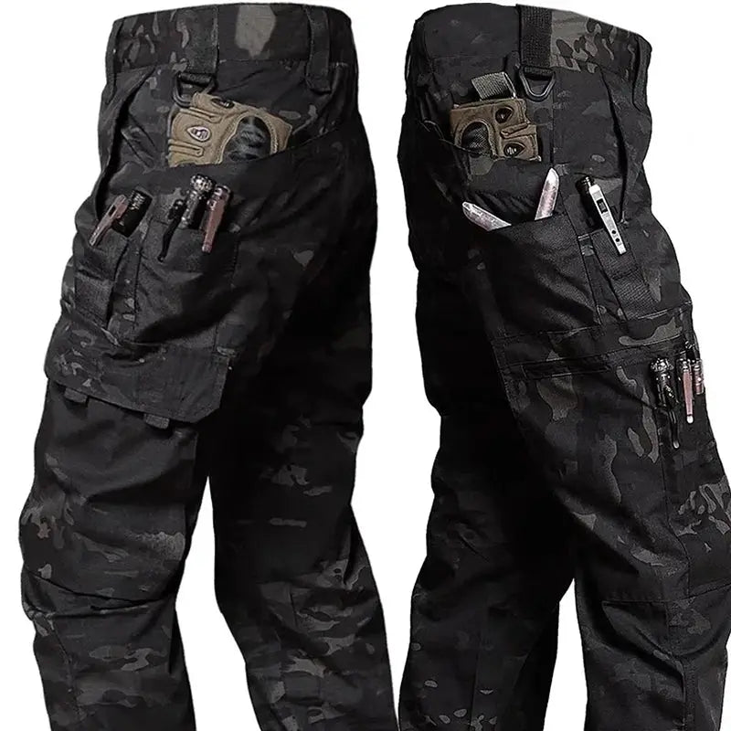Men's tactical work pants in black camo with multiple cargo pockets and waterproof fabric