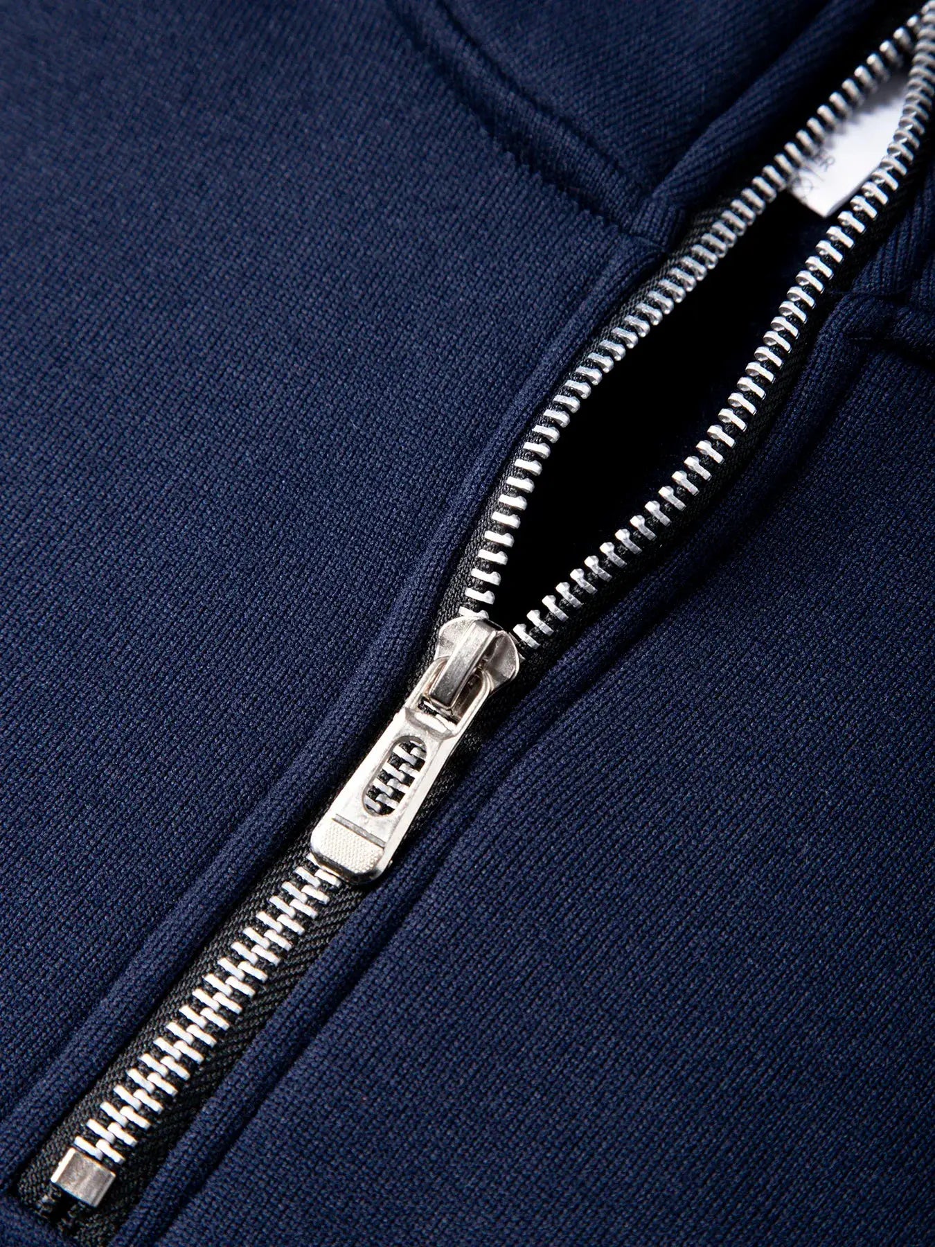 Men's navy blue zip-up pullover knit sweater with silver zipper detail