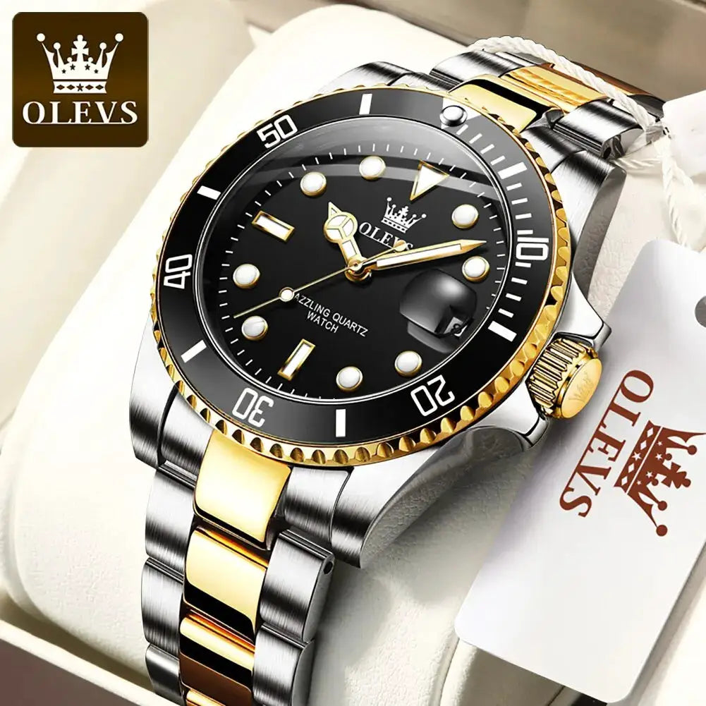 OLEVS Top Original Men Quartz Watch With Stainless Steel Band Green Dial Luminous Hands Water Resistant Luxury Timepiece