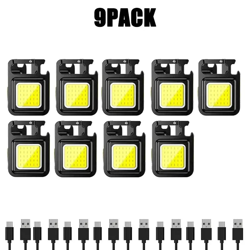 Simples Market 9-pack keychain lights: black USB-rechargeable LED COB camping flashlights with pocket clip