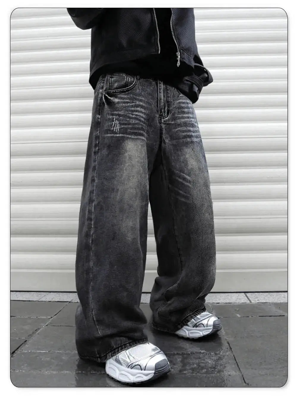 LIYS retro gray ultra baggy wide-leg denim jeans, unisex, distressed wash