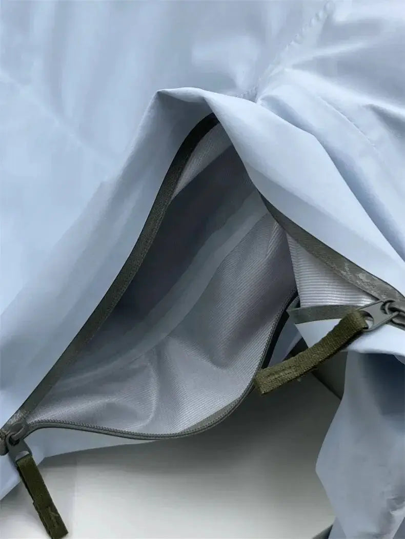 Men's outdoor windproof soft shell jacket in light gray with olive zipper pulls