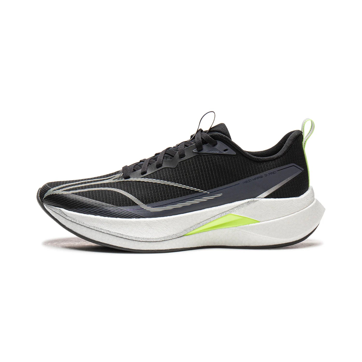 Li-Ning Red Hare 9 Pro racing running shoe, black breathable upper with neon lime heel accents