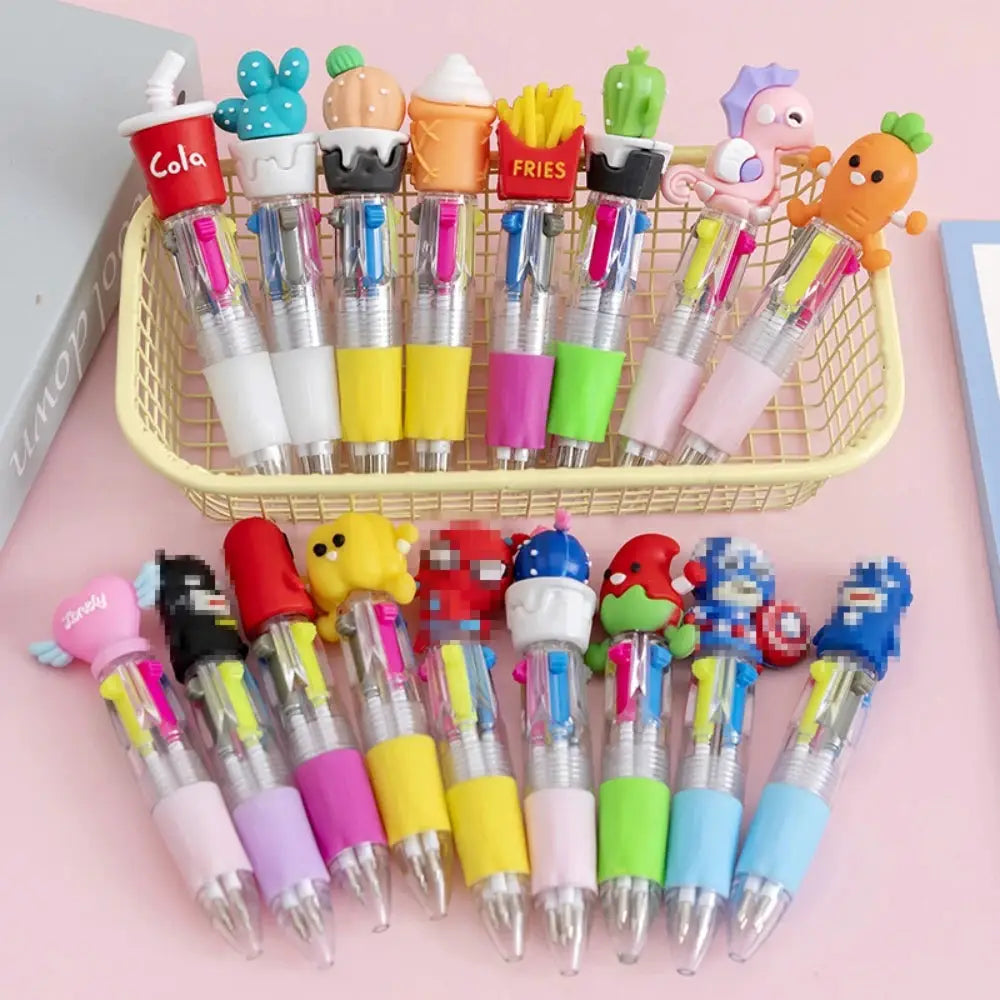 Cartoon four-color pens set by Simples Market, 5-30 pcs, colorful pens with cute character toppers.