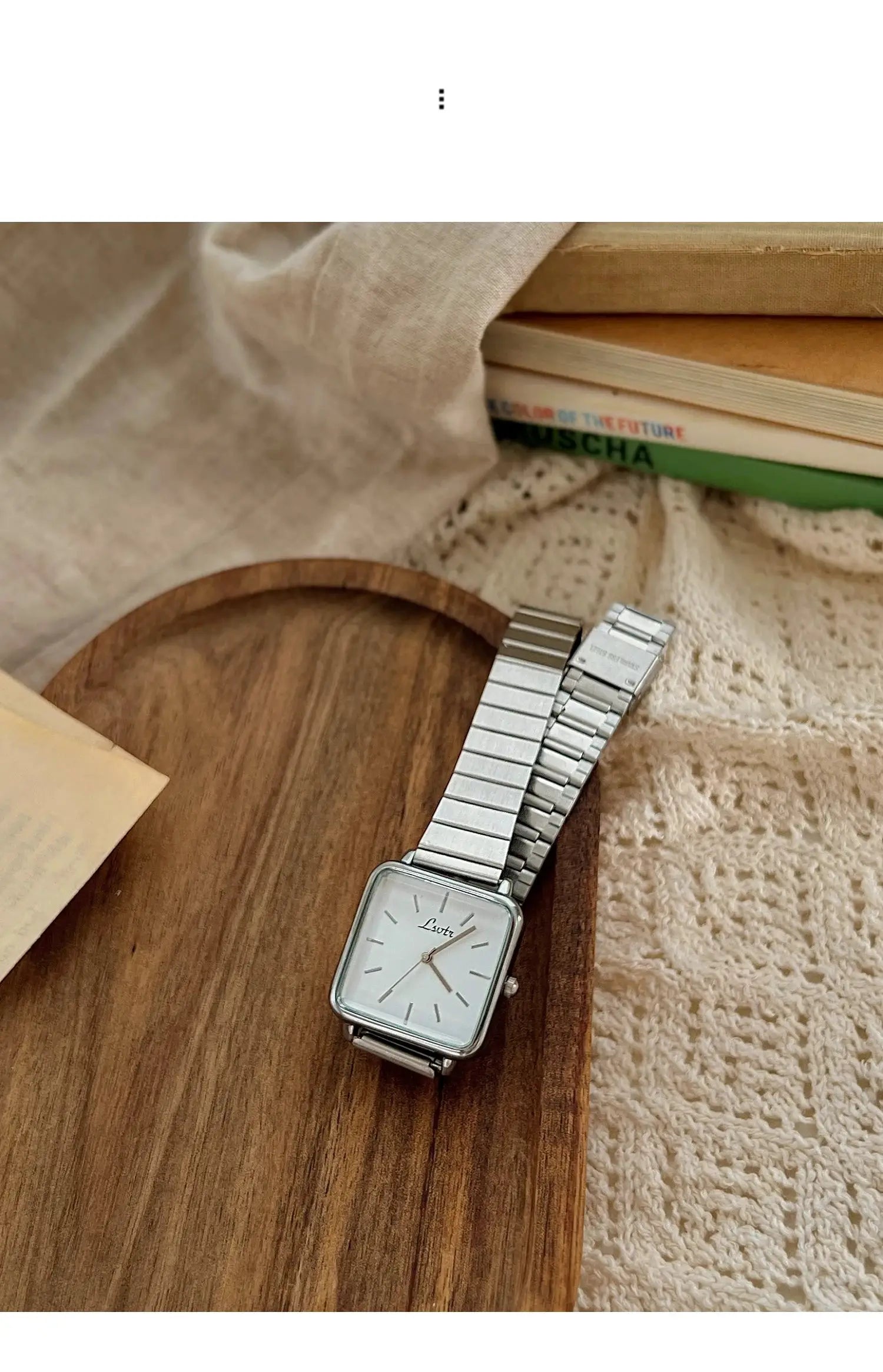 Women's square-dial watch with silver stainless steel bracelet and minimalist white face
