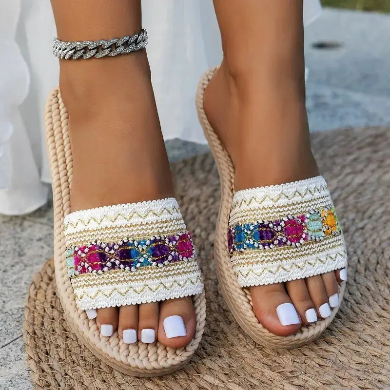 Women Outdoor Flat Sandals Bohemian Ethnic Tassel Beach Slides Platform Comfort Large Size