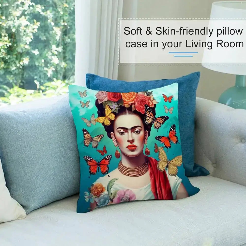 Frida Kahlo art pillow cover with turquoise background, butterflies and flowers, plush square cushion