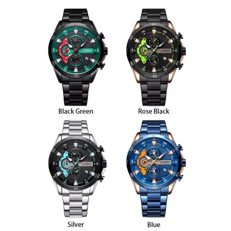 CURREN 8402 men's stainless steel chronograph watches, set of four in Black Green, Rose Black, Silver, and Blue