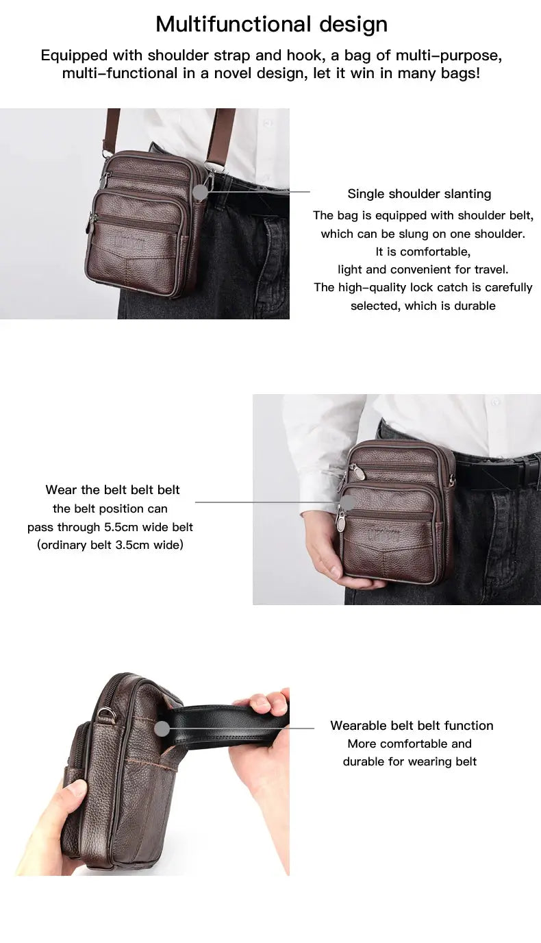 Men's genuine leather crossbody bag by Simples Market; brown textured leather, multiple zip pockets, adjustable shoulder strap
