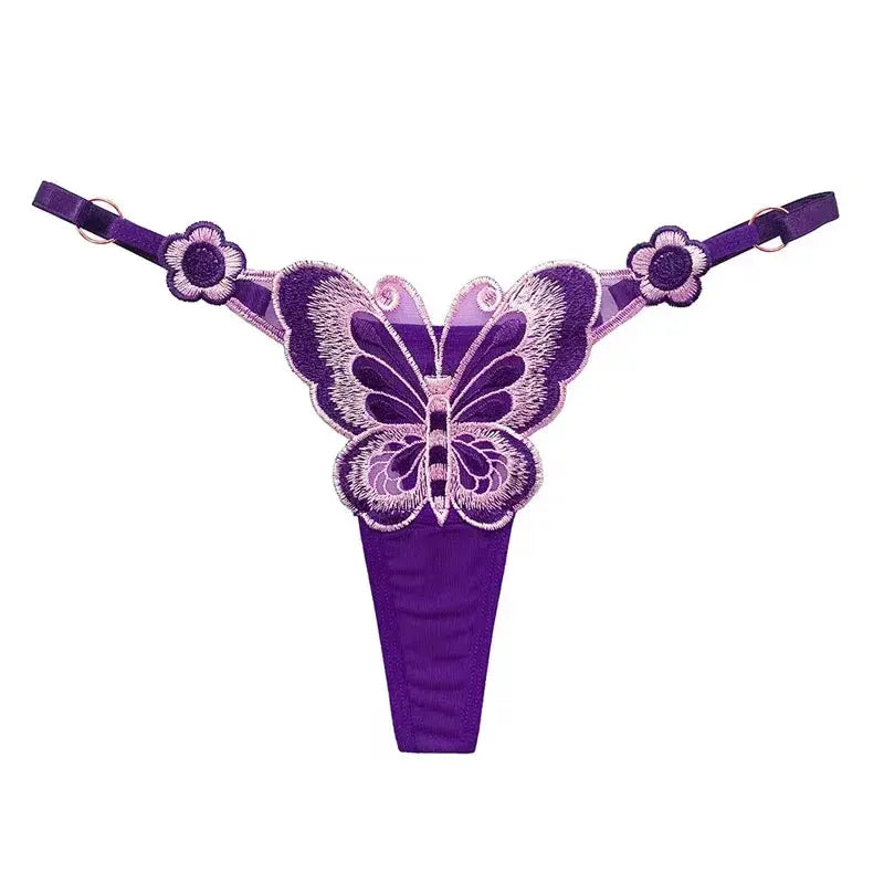 Butterfly lace thong for women in purple with pink embroidery, low-rise G-string.
