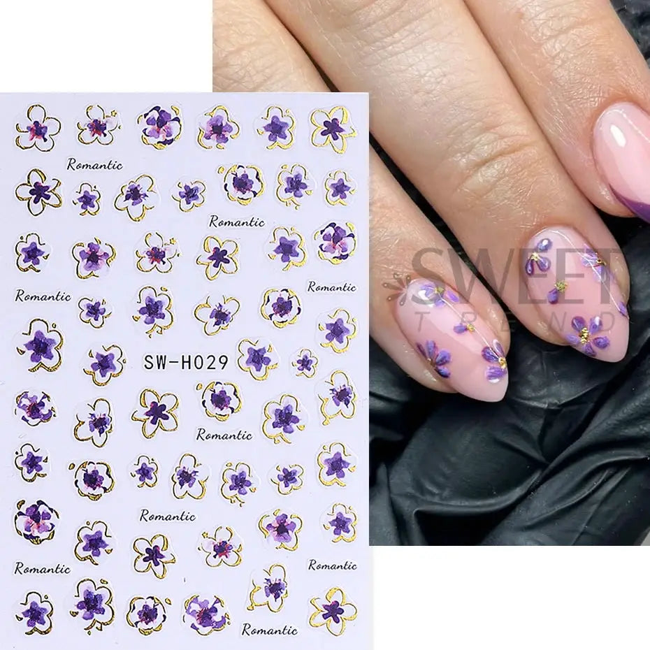Nail sticker sheet with purple hibiscus flowers and gold borders; 2/3pcs set for DIY manicure