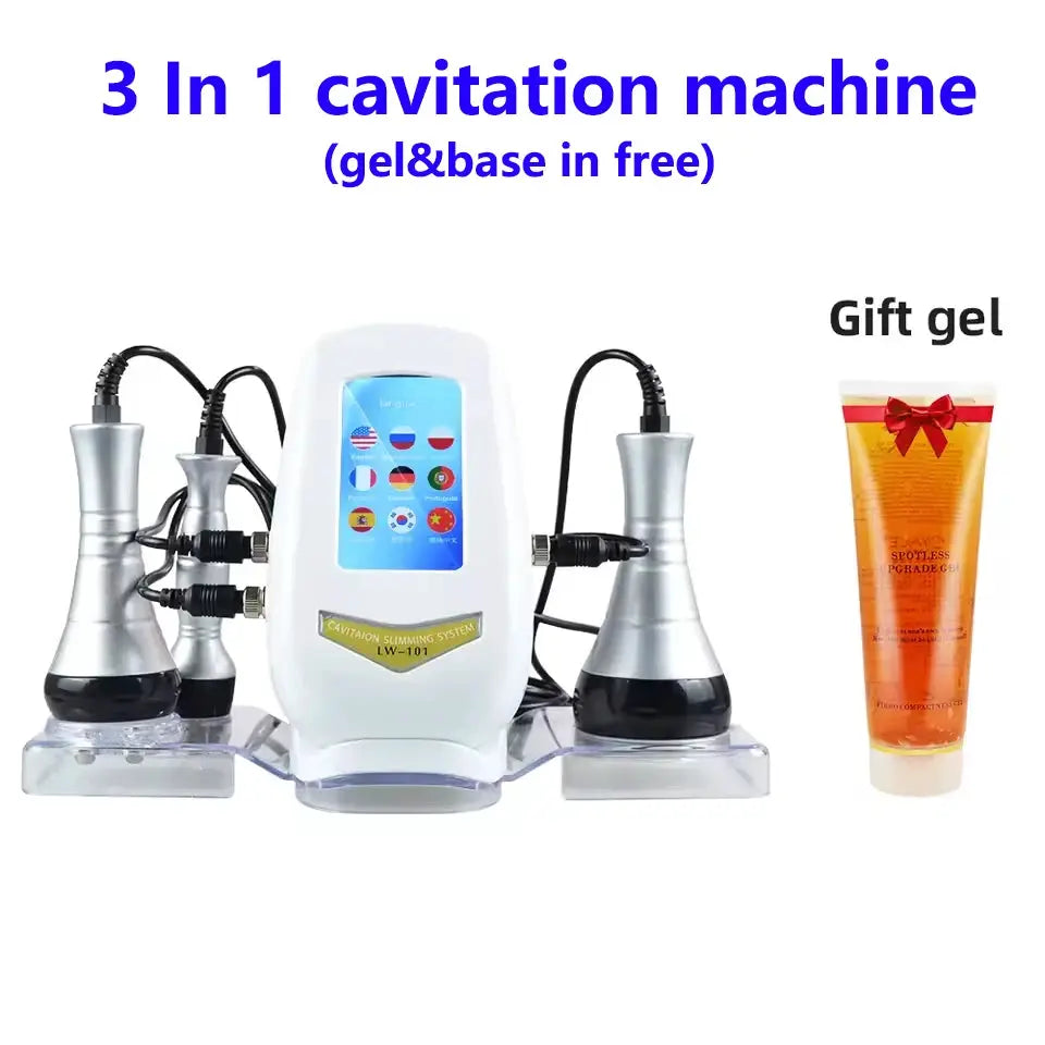 3 In 1 cavitation slimming machine with vacuum suction, white and silver unit, three handheld attachments and gift gel