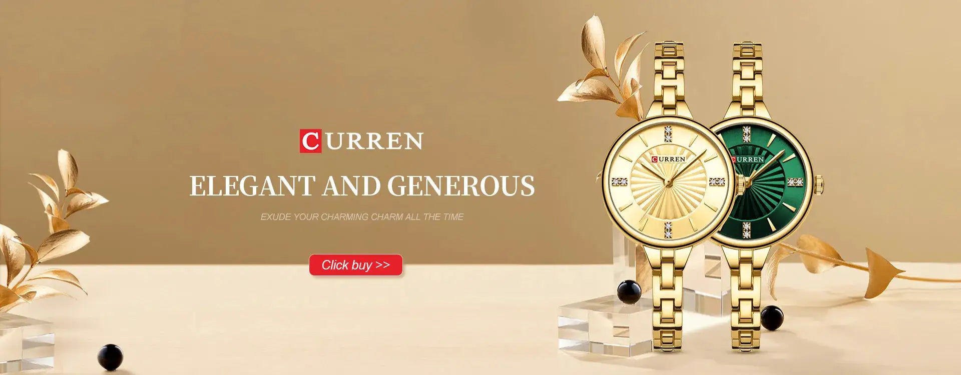 Two Curren 9097 women's quartz watches; gold-tone stainless steel bracelets with gold and green dials, waterproof