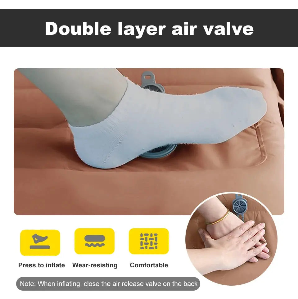 Ultralight self-inflating air mattress sleeping pad by Simples Market with double-layer air valve, tan camping mat.