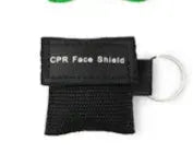 Keychain CPR face shield with black fabric pouch and metal keyring