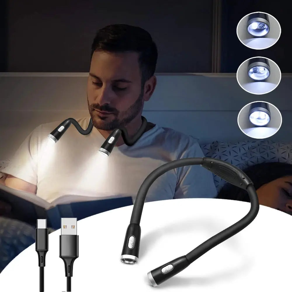 LED neck-hanging reading light with dual arms, USB rechargeable, eye-protective for night reading