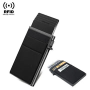 Rfid credit card holder for men by Dienqi Wallet, black slim minimalist metal cardholder; two wallets shown.
