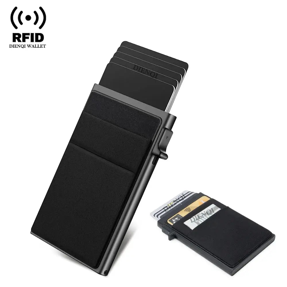 Rfid credit card holder for men by Dienqi Wallet, black slim minimalist metal cardholder; two wallets shown.