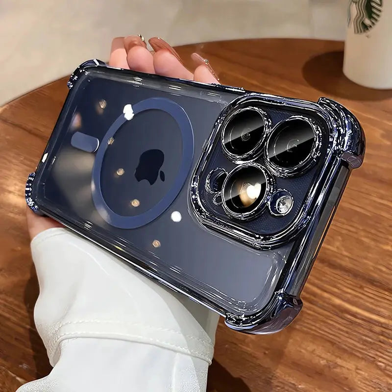 Transparent shockproof iPhone case with airbag bumper and camera protection rings, MagSafe compatible