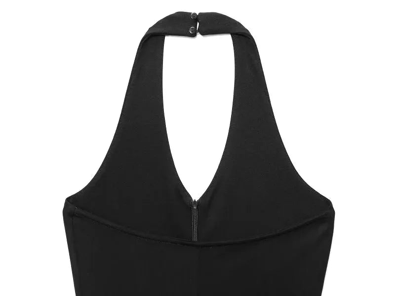 Black long jumpsuit for women, sleeveless backless halter with back zipper