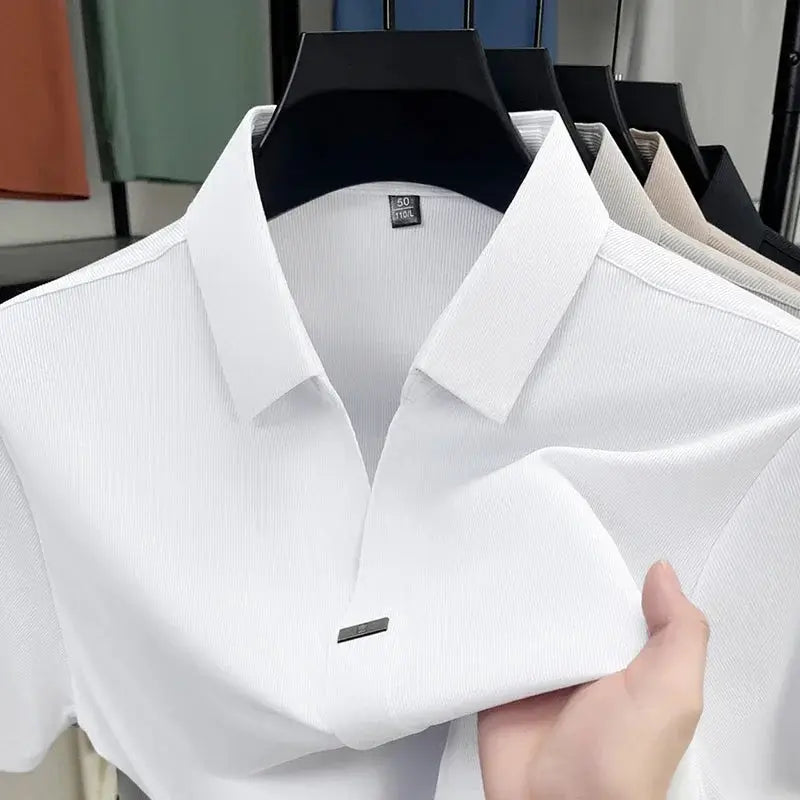 Men's white solid-color polo shirt on hanger; short-sleeve summer casual style