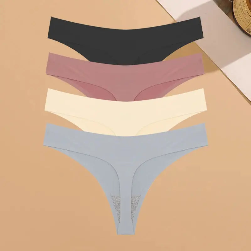 4-pack women's seamless low-rise thong underwear in black, mauve, cream, and light blue; ultra-thin breathable ice silk