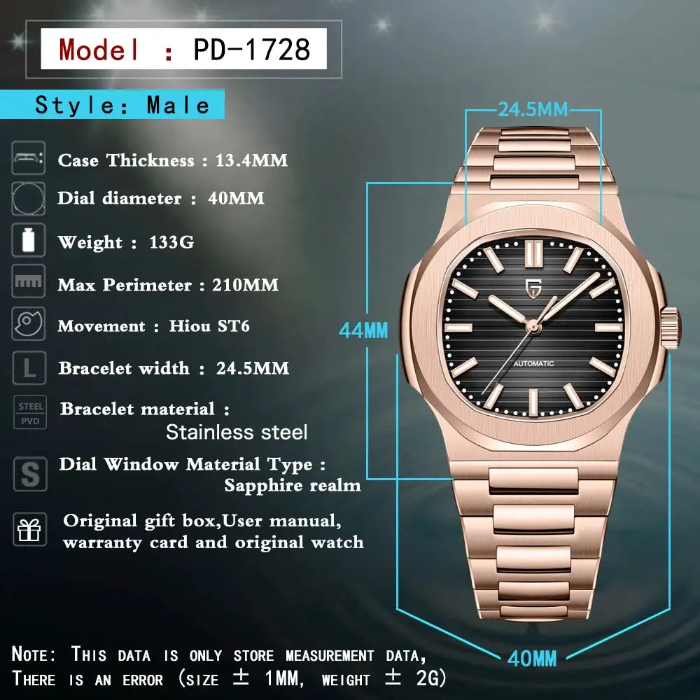 PAGANI DESIGN men's rose-gold automatic watch with 40mm dial and sapphire crystal