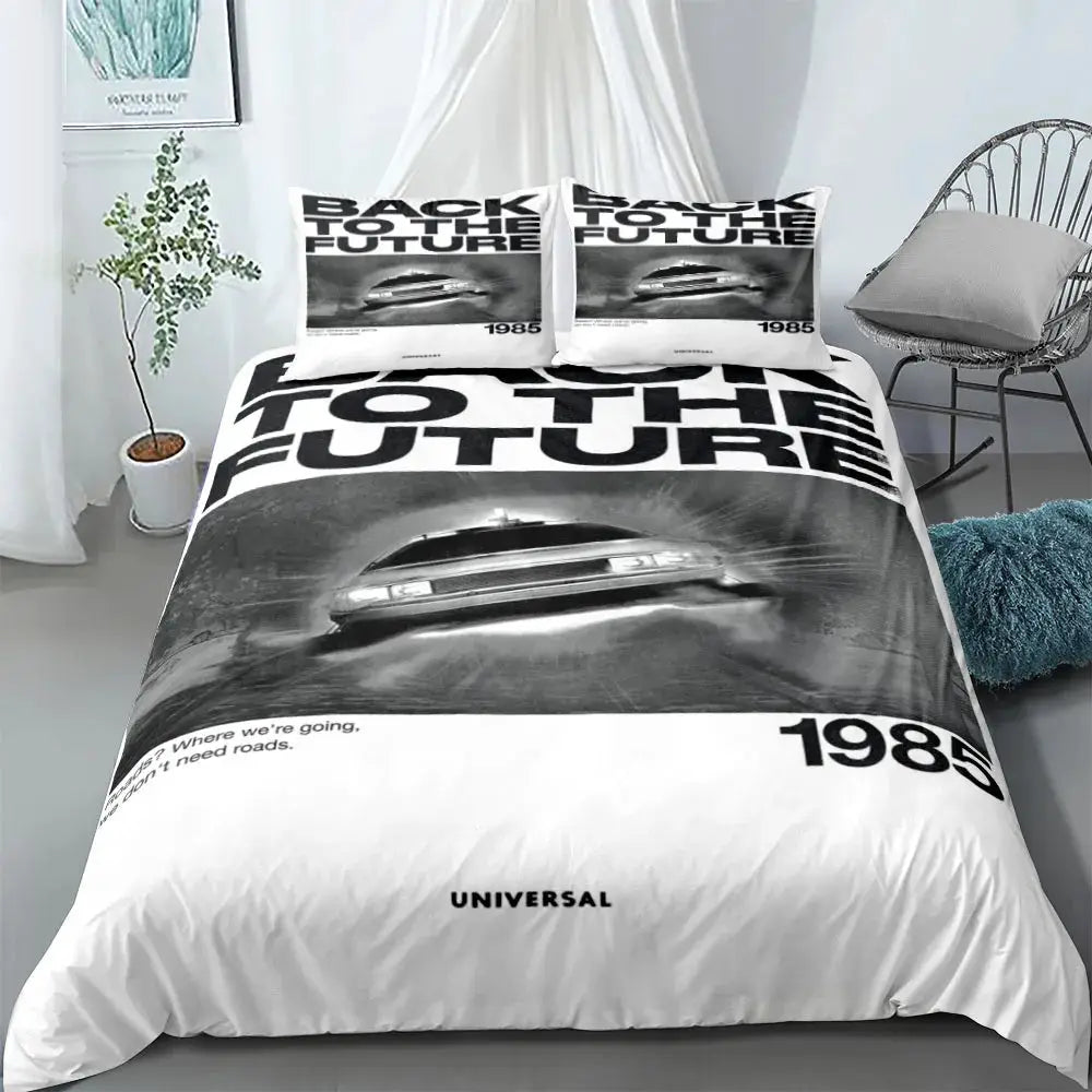 Duvet cover set with Back to the Future print in black and white; includes 2 pillowcases, Universal logo visible.